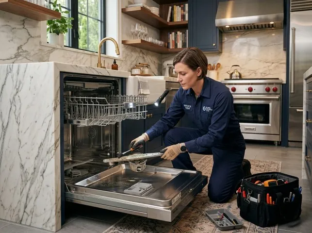 Appliance Repair Hero technician servicing a built-in dishwasher in a Asbury Park, NJ kitchen