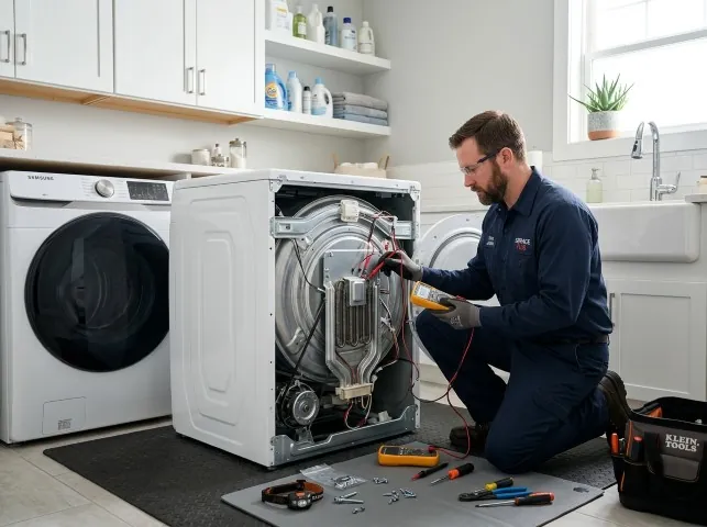 Appliance Repair Hero technician checking a dryer heating element with the rear panel off in Asbury Park, NJ