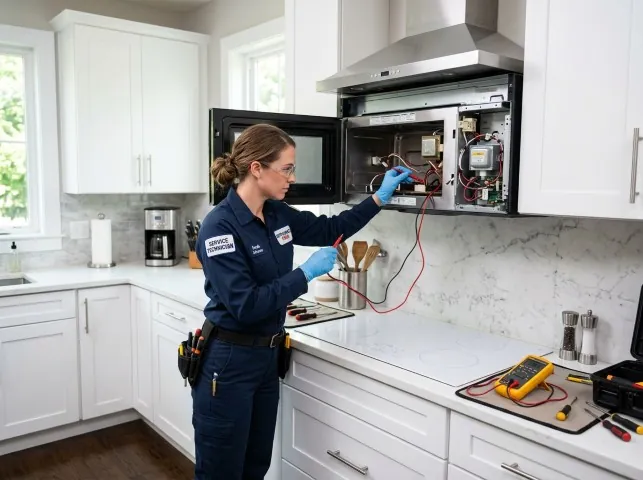 Appliance Repair Hero technician testing an over-the-range microwave in a Asbury Park, NJ kitchen