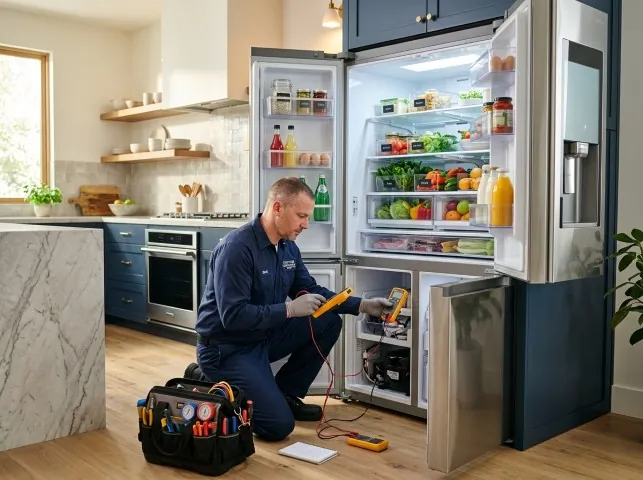 Appliance Repair Hero refrigerator technician testing a fridge on a Asbury Park, NJ service call