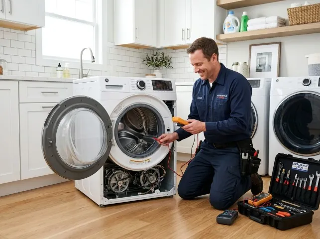 Appliance Repair Hero technician testing a front-load washer with a multimeter on a Asbury Park, NJ service call